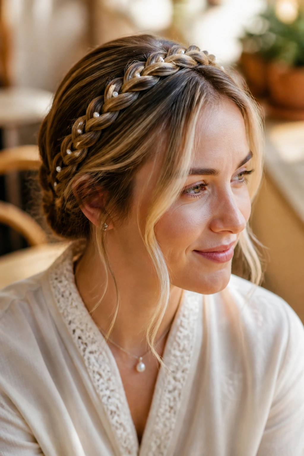 Close-up of a real woman with a bejeweled braided headband featuring pearl pins