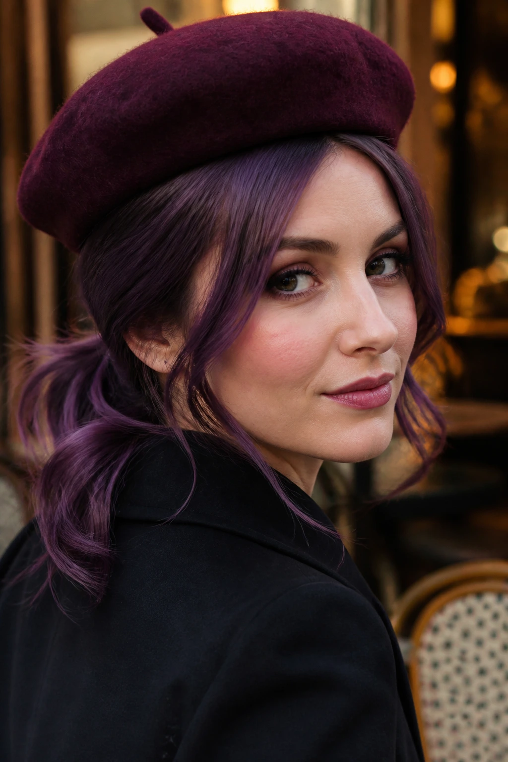 Close-up of real person wearing a beret with purple hair visible
