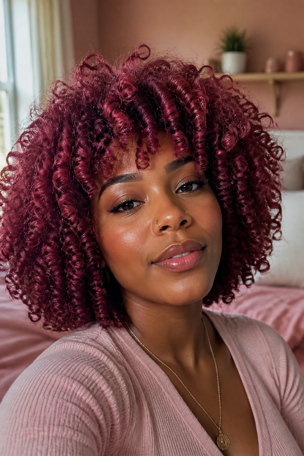 Close-up of a real woman with deep berry-rose curls in a warmly lit bedroom
