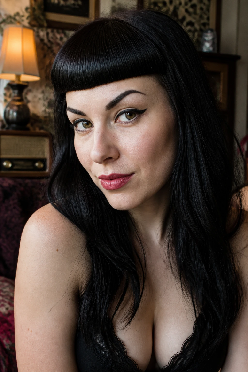 Close-up of a woman with thick Bettie Page micro bangs arching above the brows in a retro setting.