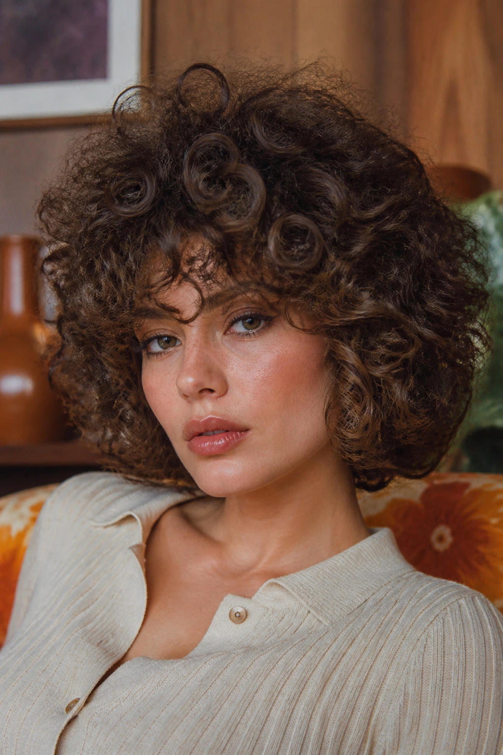 Close-up of a real person with a big, voluminous 70s-inspired curly bob