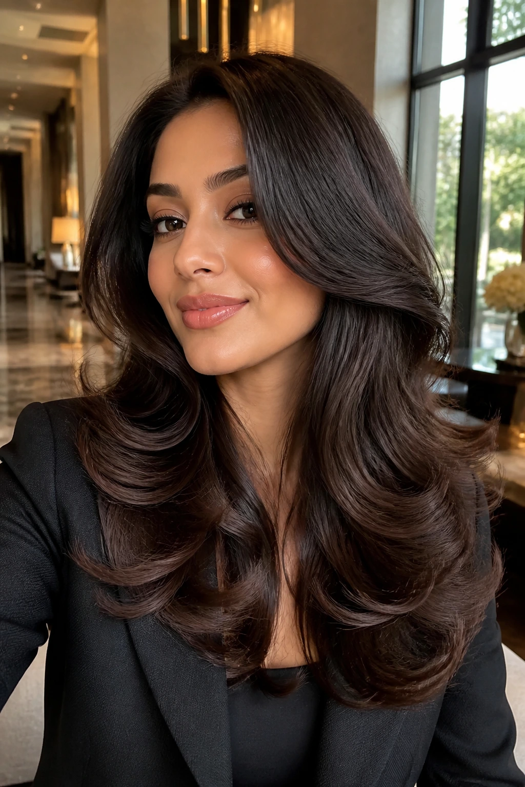 Woman with voluminous brushed-out barrel curls in a hotel lobby