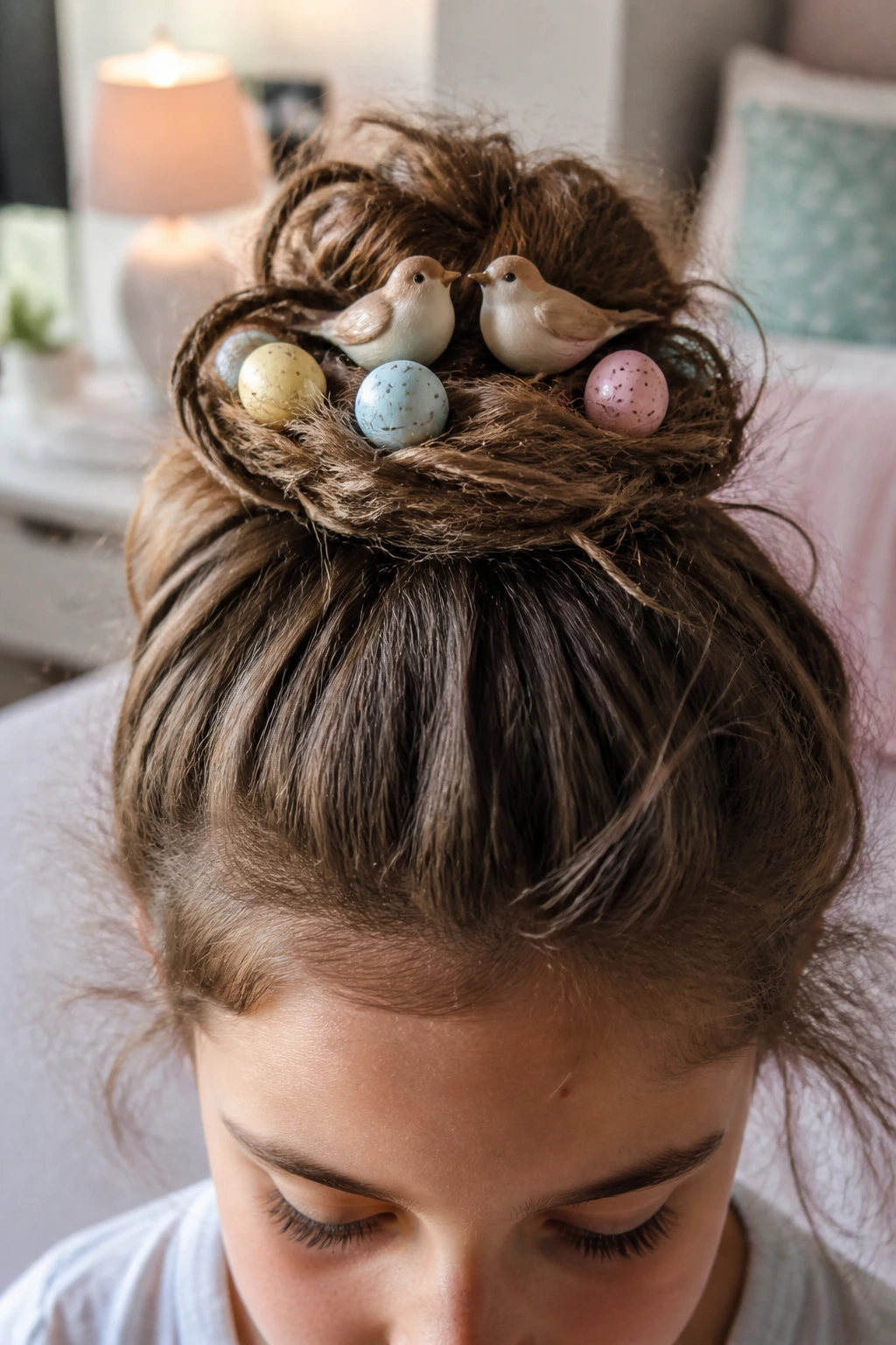 Real person wearing bird nest bun with plastic birds in a cozy bedroom