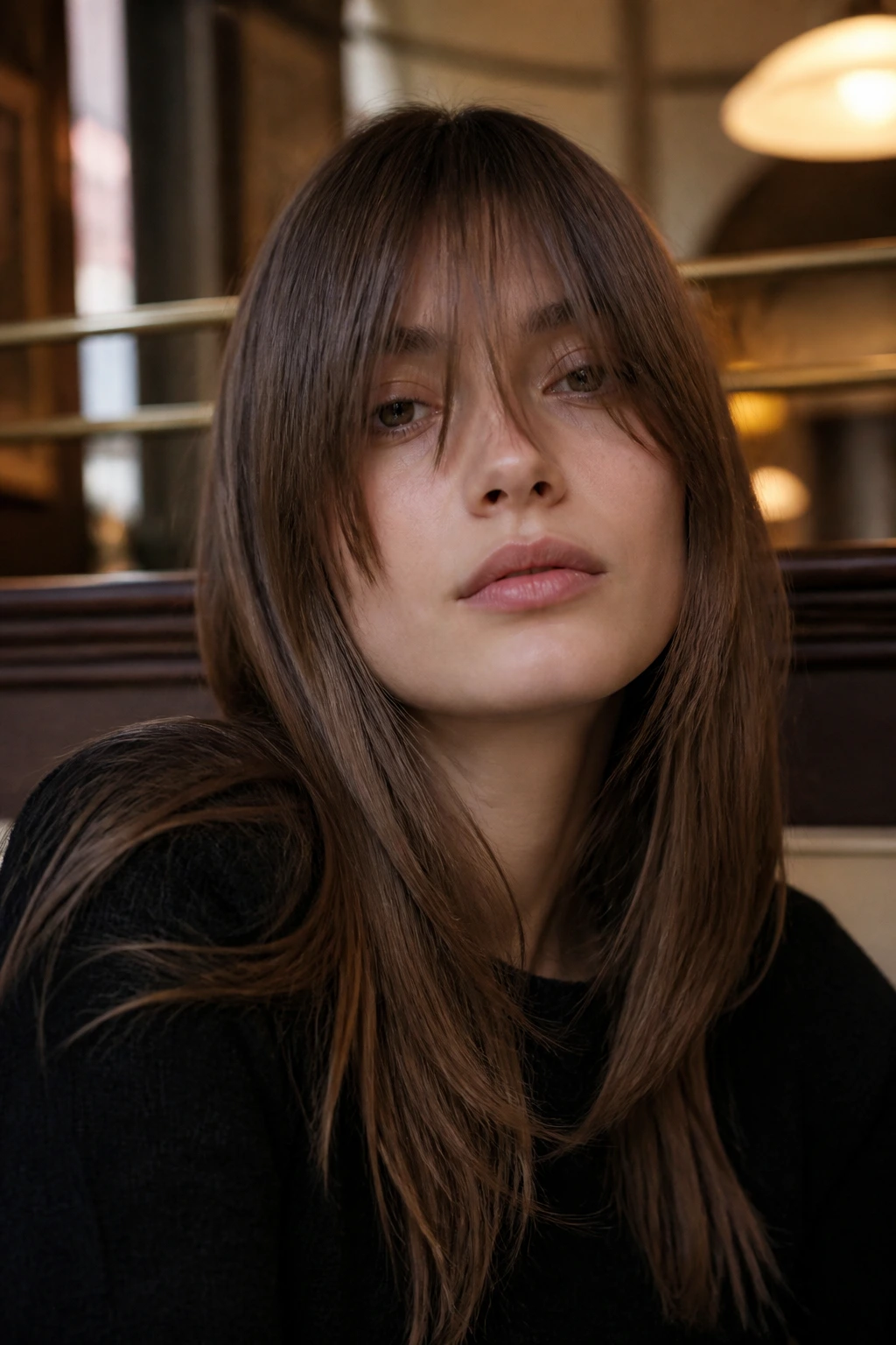 Close-up of a real woman with long Birkin bangs grazing her lashes
