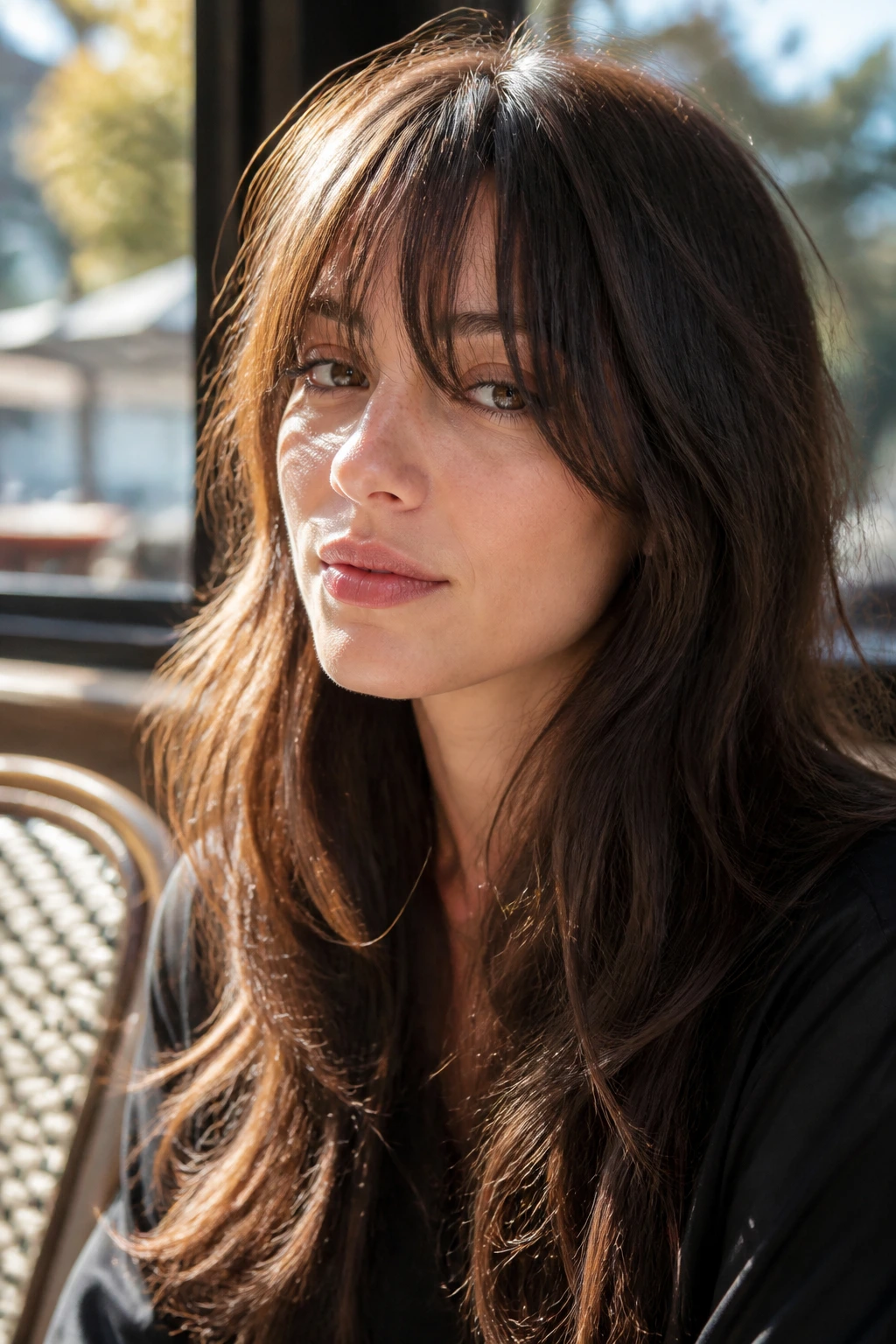 Close-up of a real woman with Birkin-style separated bangs and natural air-dried texture