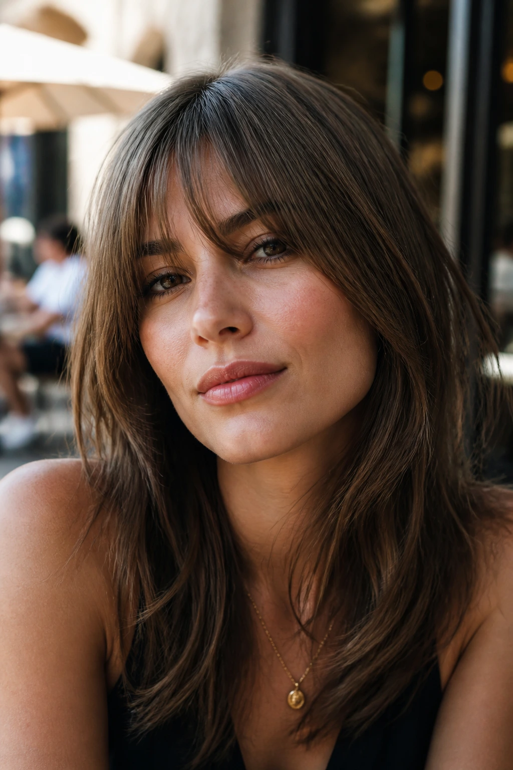 Close-up portrait of a real person with ash brown textured Birkin bangs.