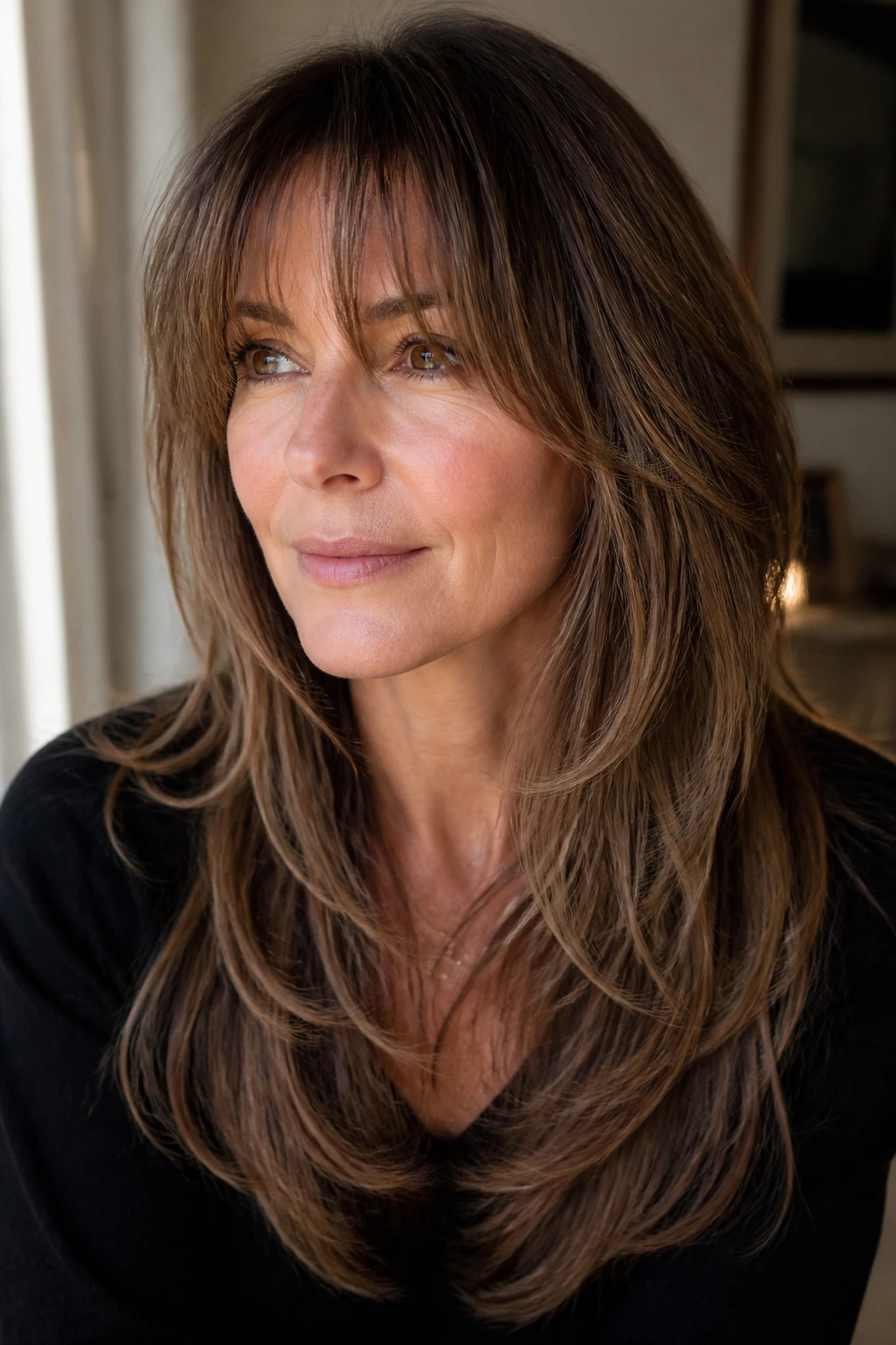 Portrait of woman with wispy Birkin bangs and cascading layers