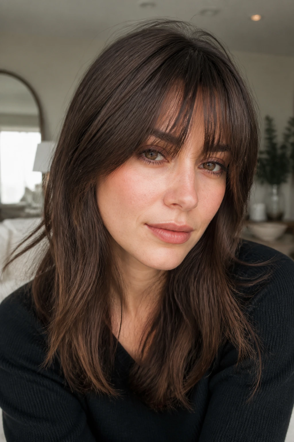 Close-up of real person wearing eye-skimming Birkin bangs above the lashes