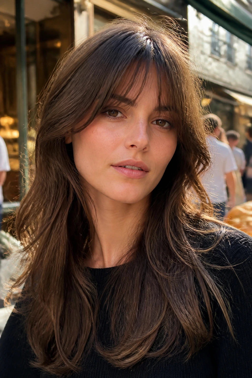Close-up of a woman with long layers and eyelash-grazing Birkin bangs