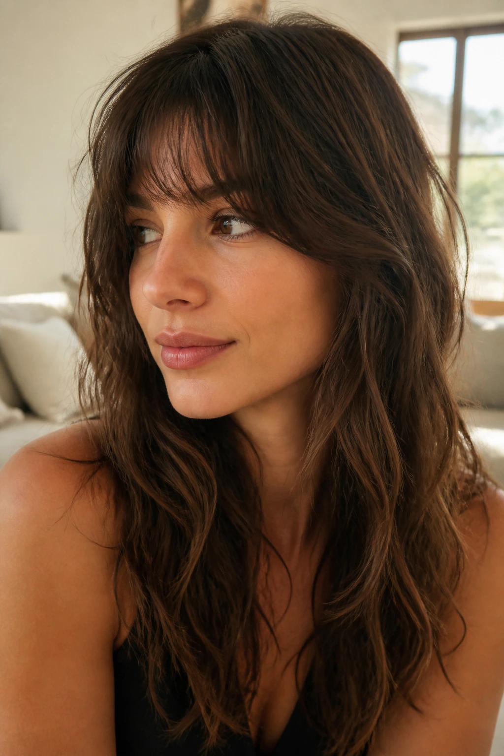 Close-up of a real woman with Birkin bangs across forehead, natural light