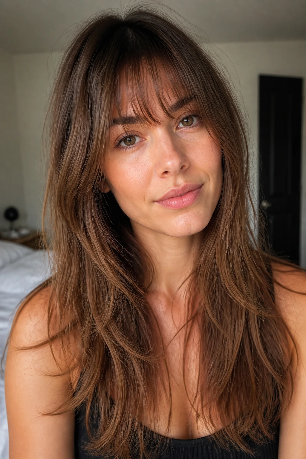 Birkin-style bangs with long slide-cut layers on a real woman, airy brow-skimming fringe in window light