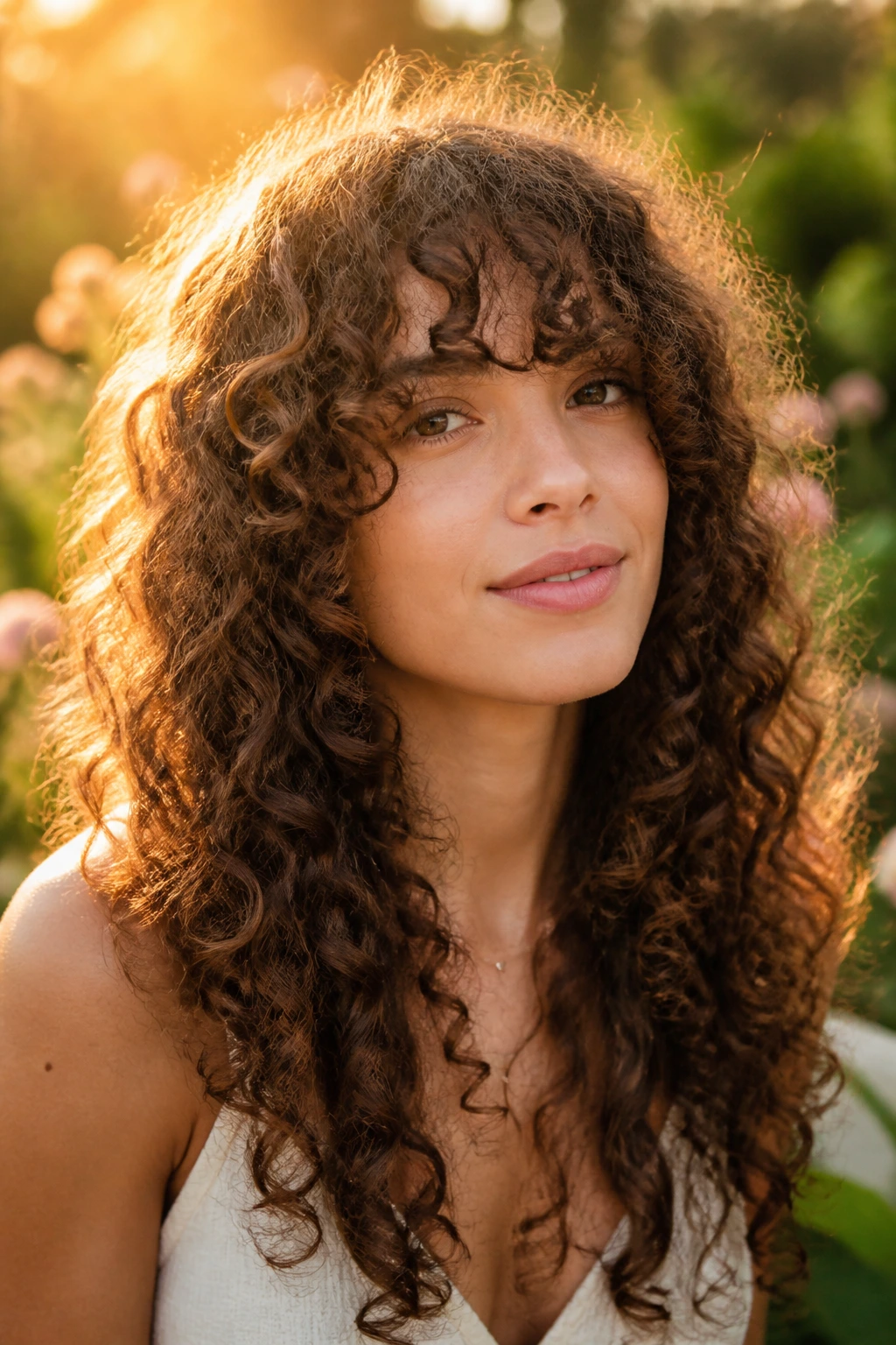 Real woman with curly Birkin bangs on natural ringlets framing the face.