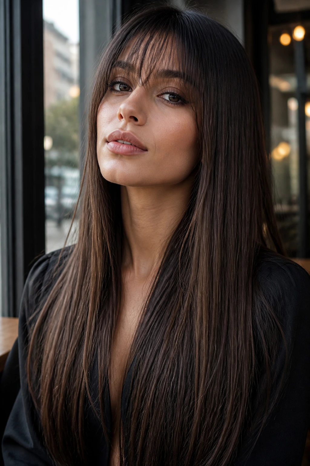 Close-up of a woman with wispy Birkin bangs and sleek pin straight waist length hair