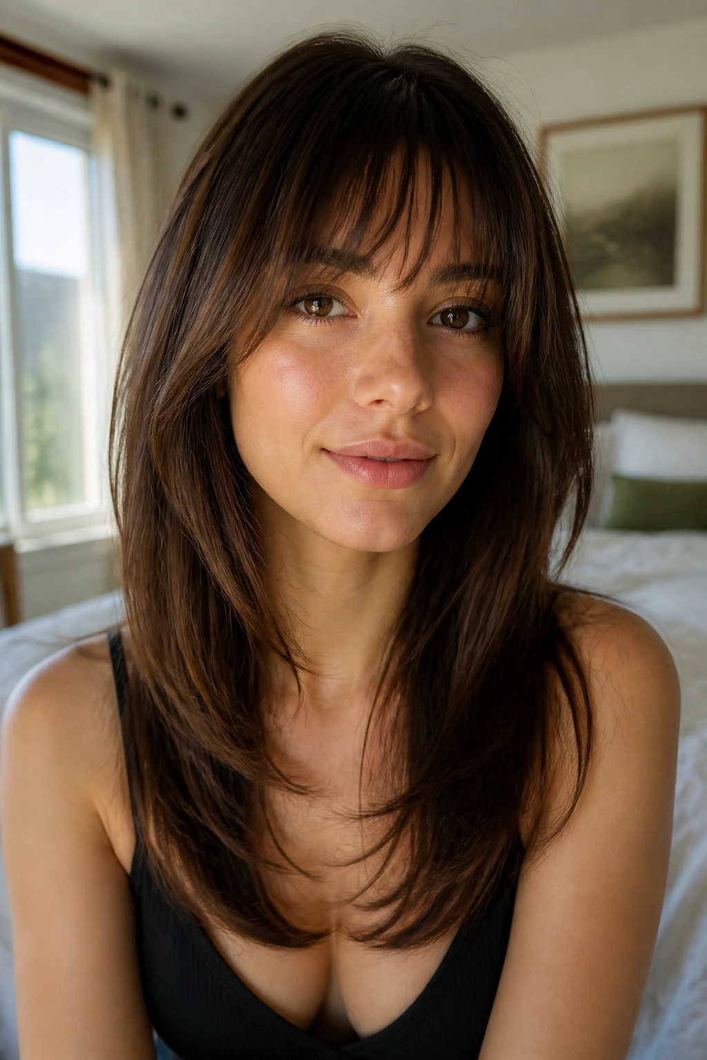 Portrait of a person with soft U-cut layering and feathery Birkin bangs