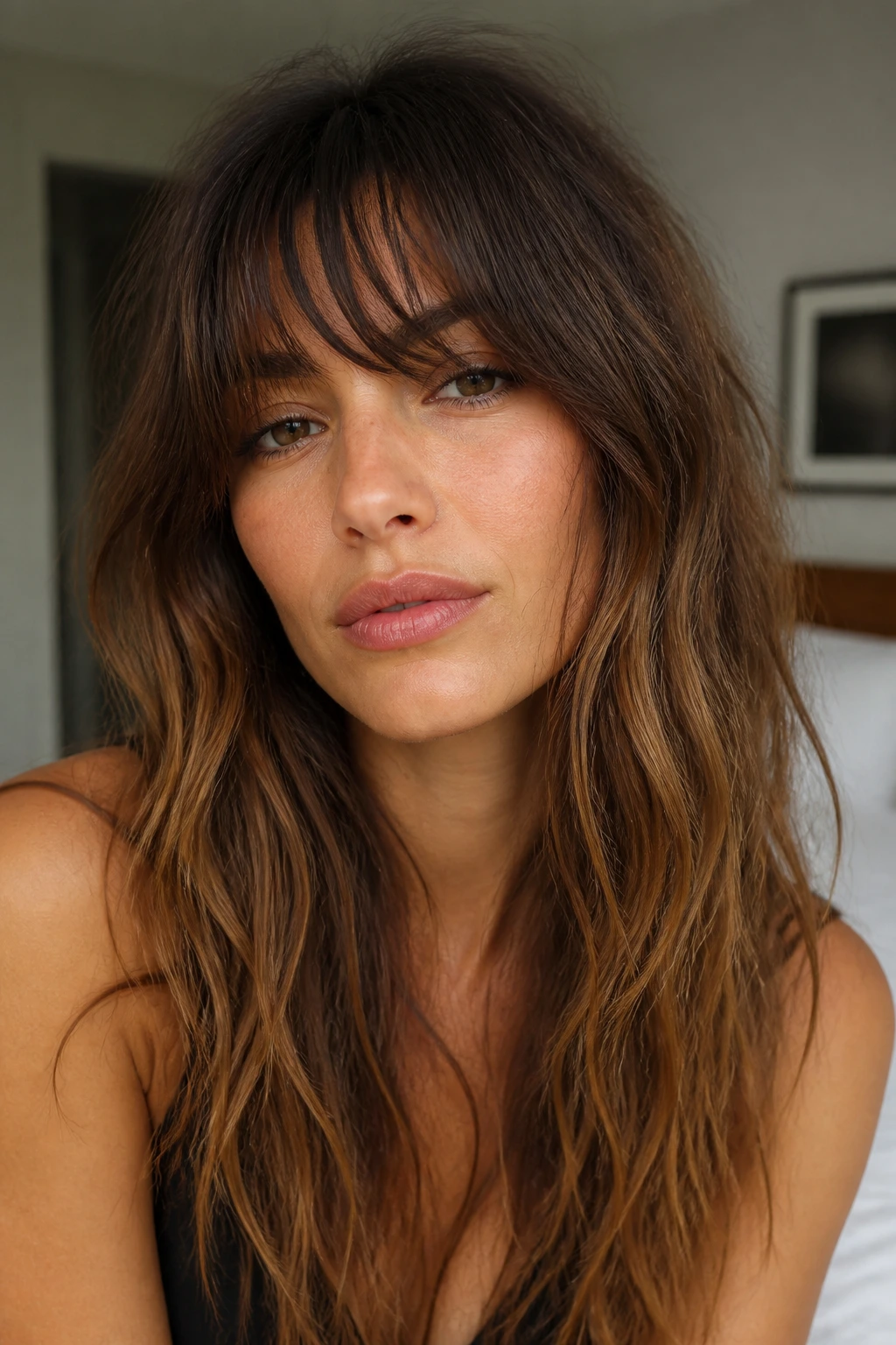 Close-up of a real woman with Birkin bangs and undone natural waves