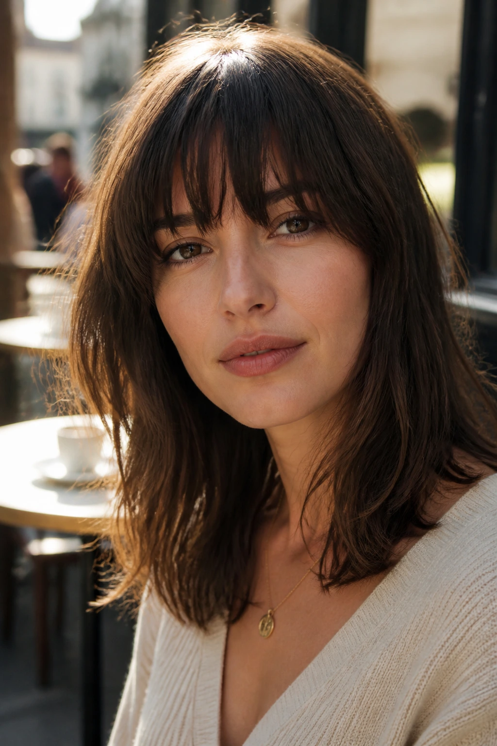 Real person with deconstructed Birkin fringe in warm golden hour light