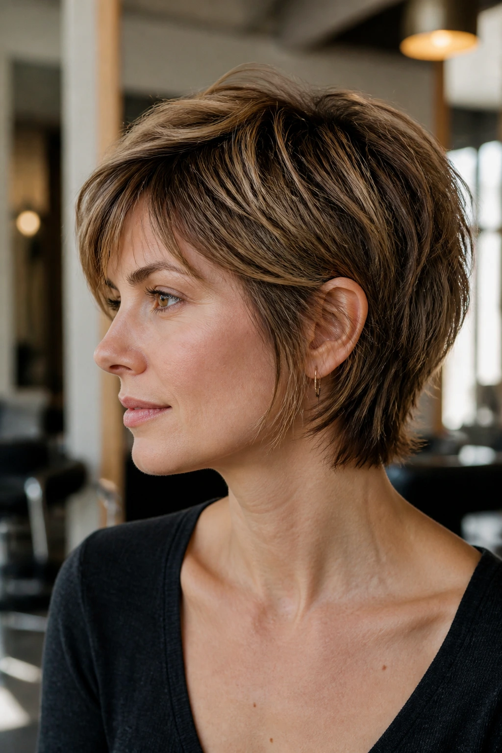 Close-up of real person with layered bixie cut showing textured crown and perimeter