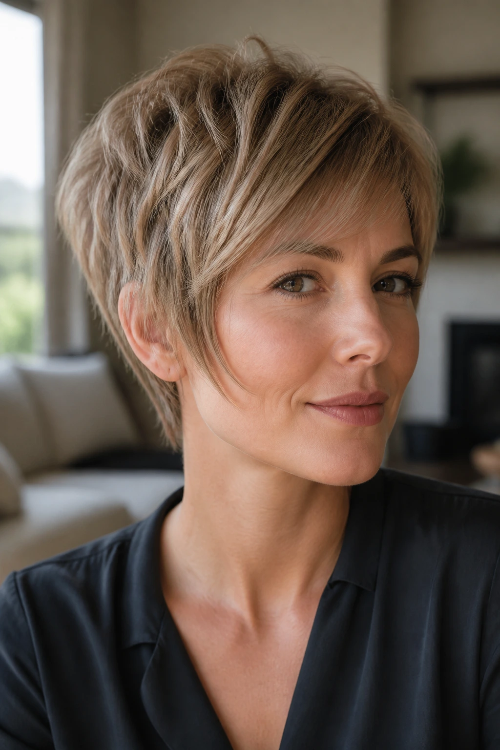 Portrait of a real woman with bixie cut showing textured crown and longer sides.