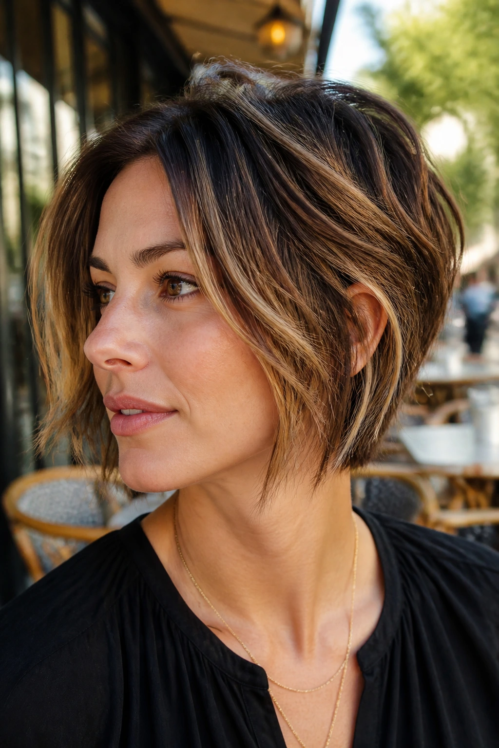 Close-up of a real woman with a bixie haircut on a sunlit cafe patio.