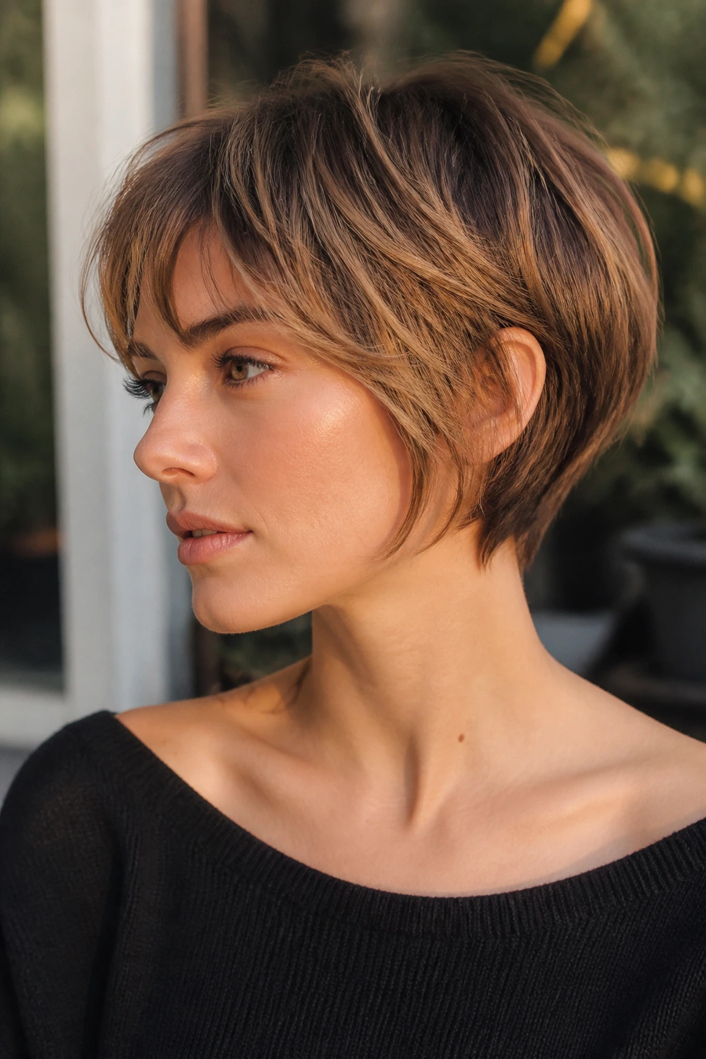 Portrait of a real person with bixie hairstyle featuring short back and longer fringe.