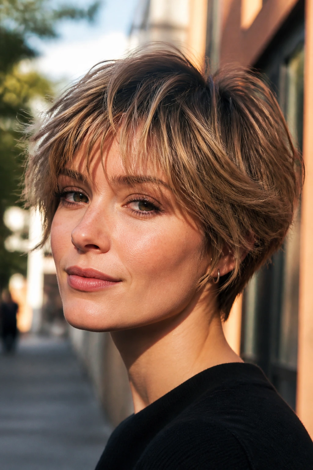 Real person with layered bixie and wispy fringe, close-up portrait