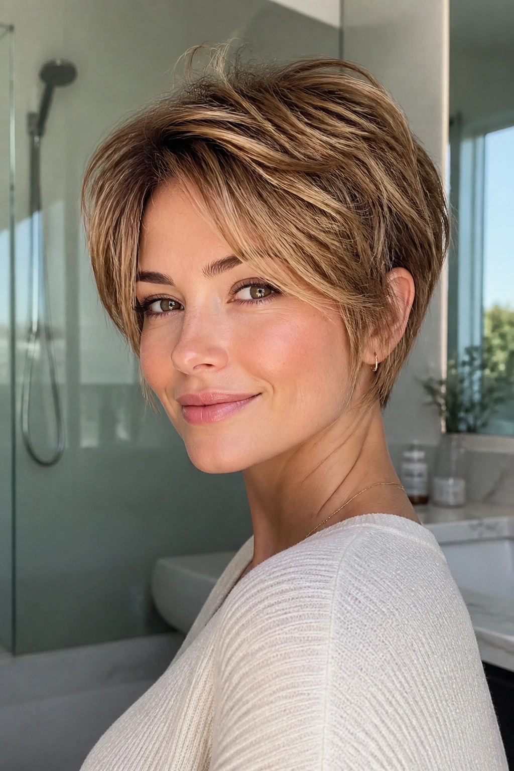 Close-up portrait of a real woman with a textured bixie haircut showing crown volume.