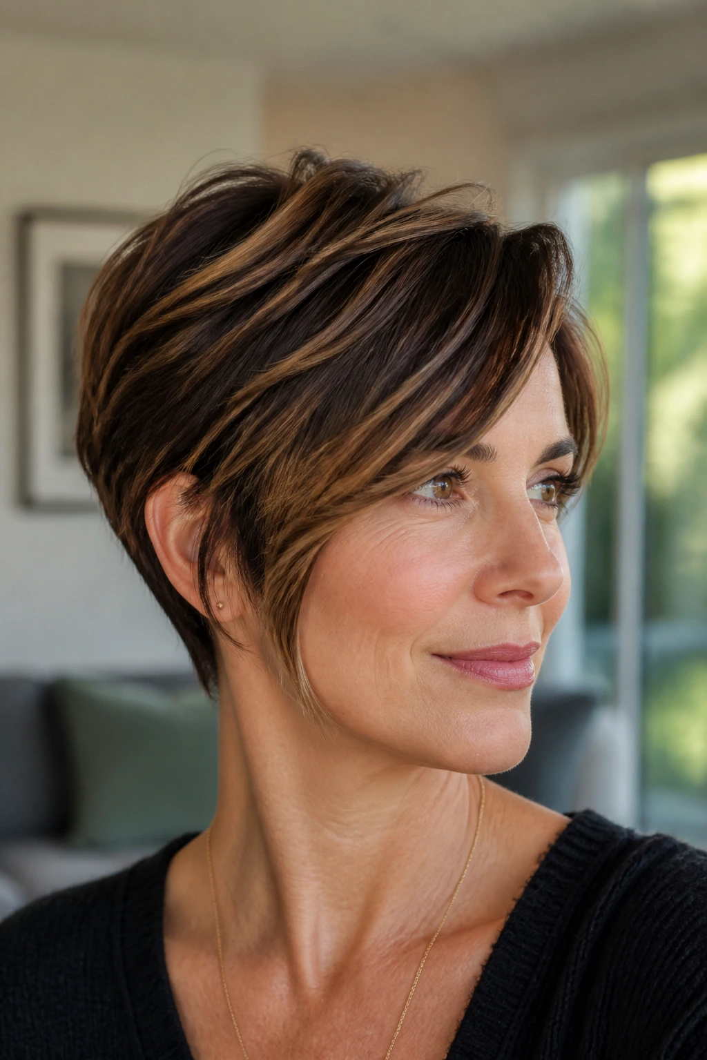 Close-up of a person with side-swept pixie-bob hybrid cut