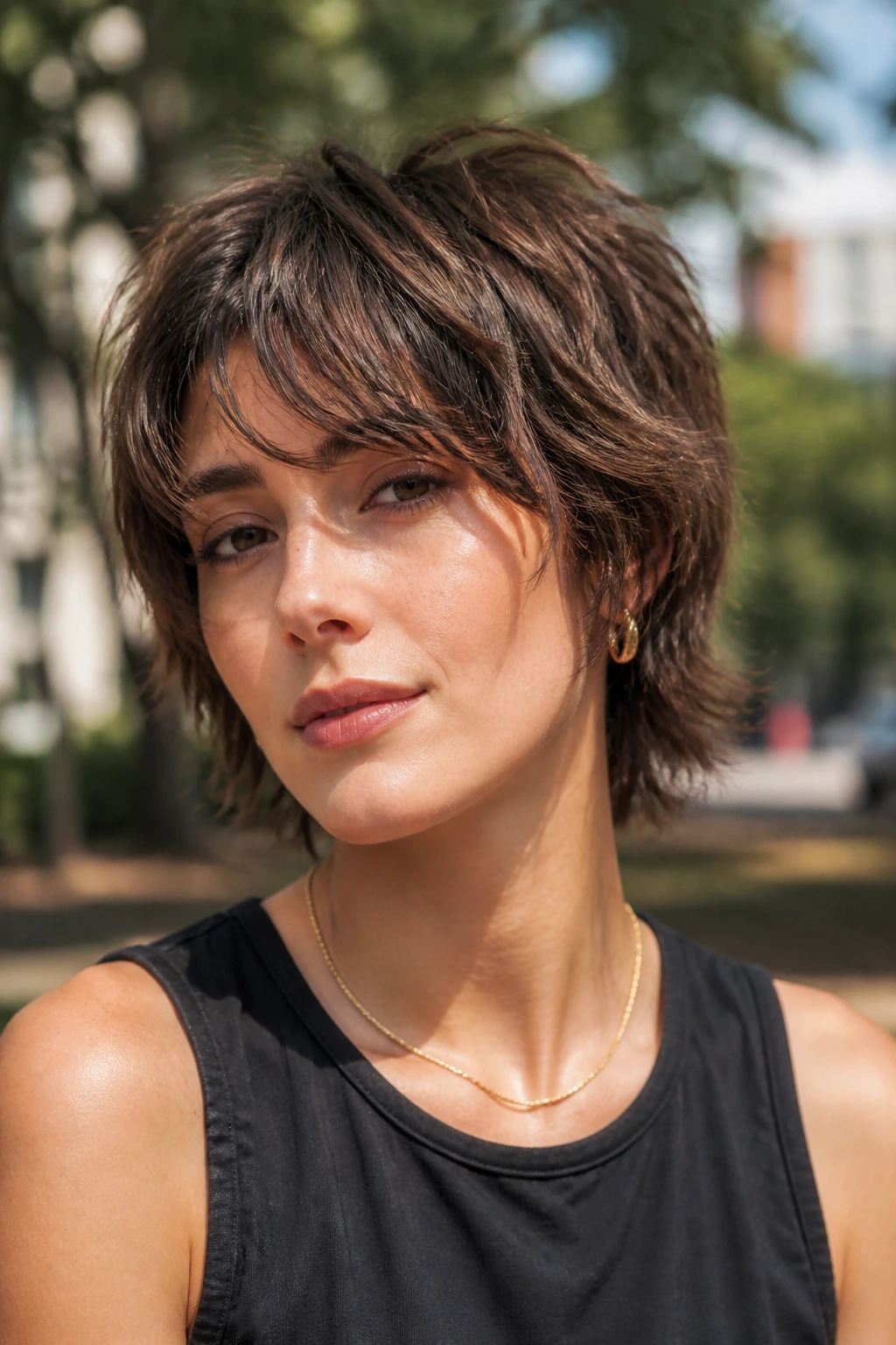 Real person with shaggy pixie-bob hairstyle in a park setting