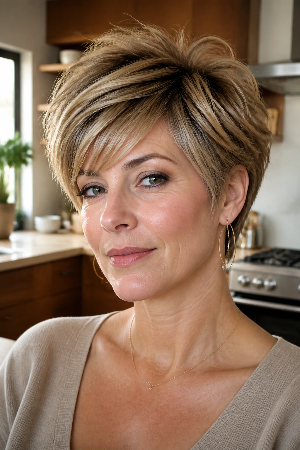 Close-up portrait of real person with textured pixie-bob hybrid and top volume.