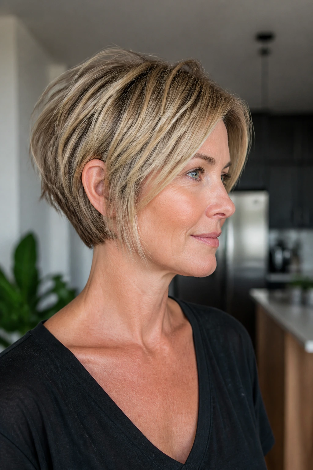 Side-angle portrait of a real woman with a textured bixie cut in a modern interior.