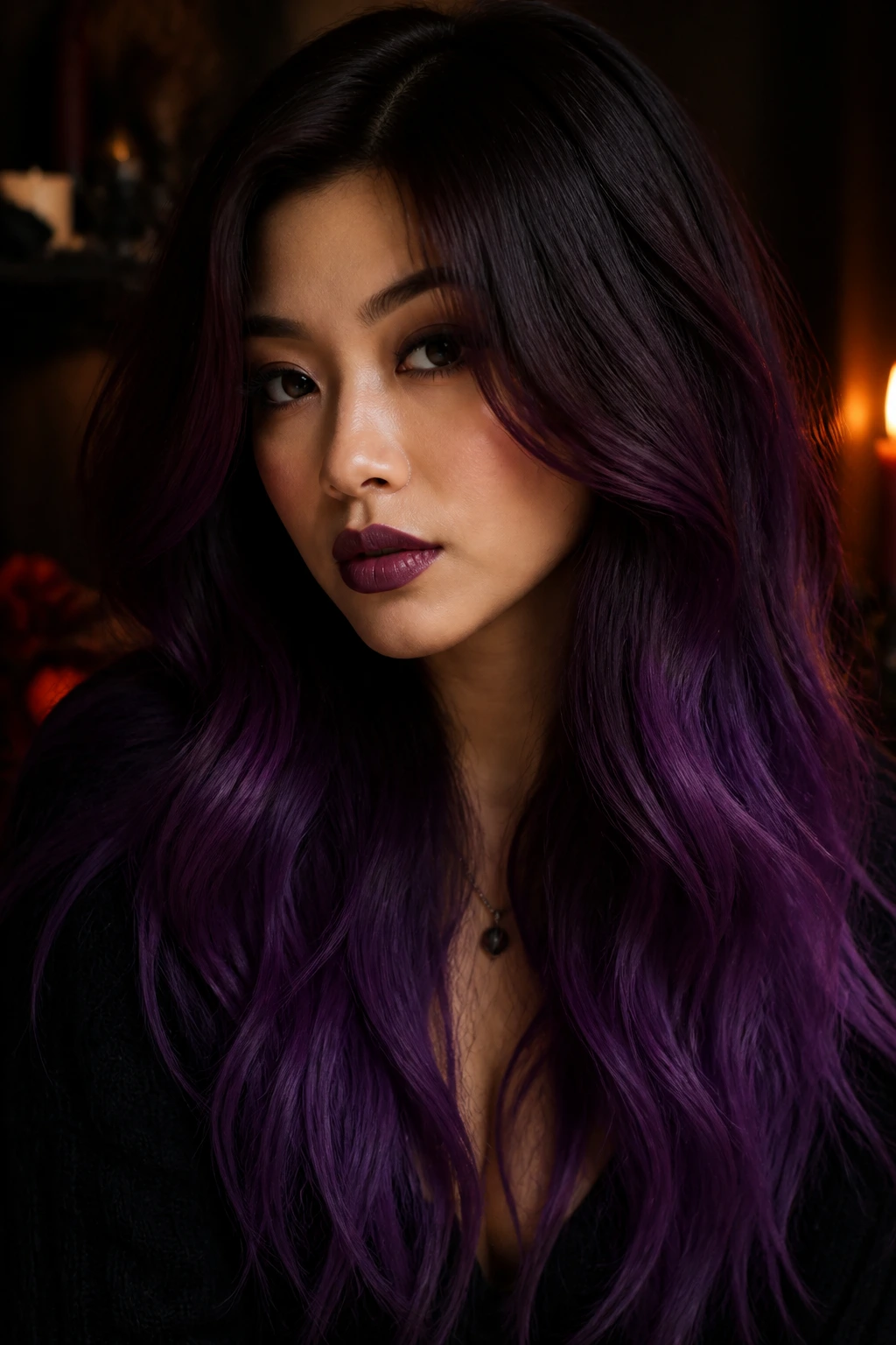 Close-up of an Asian woman with black cherry to purple gradient on dark hair