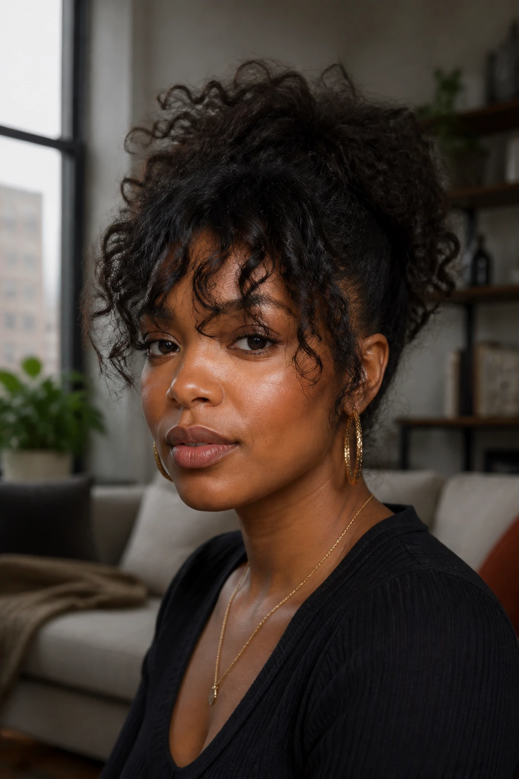 Portrait showing textured fringe on black hair in natural light