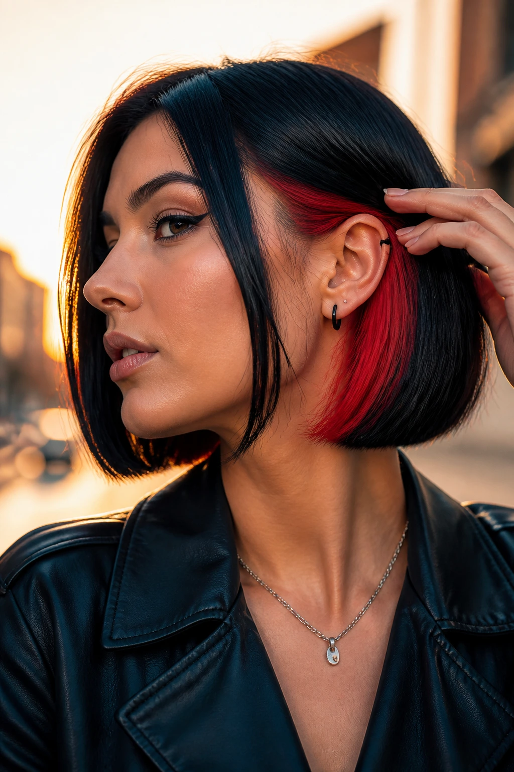 Chin-length black bob with red underlayer visible