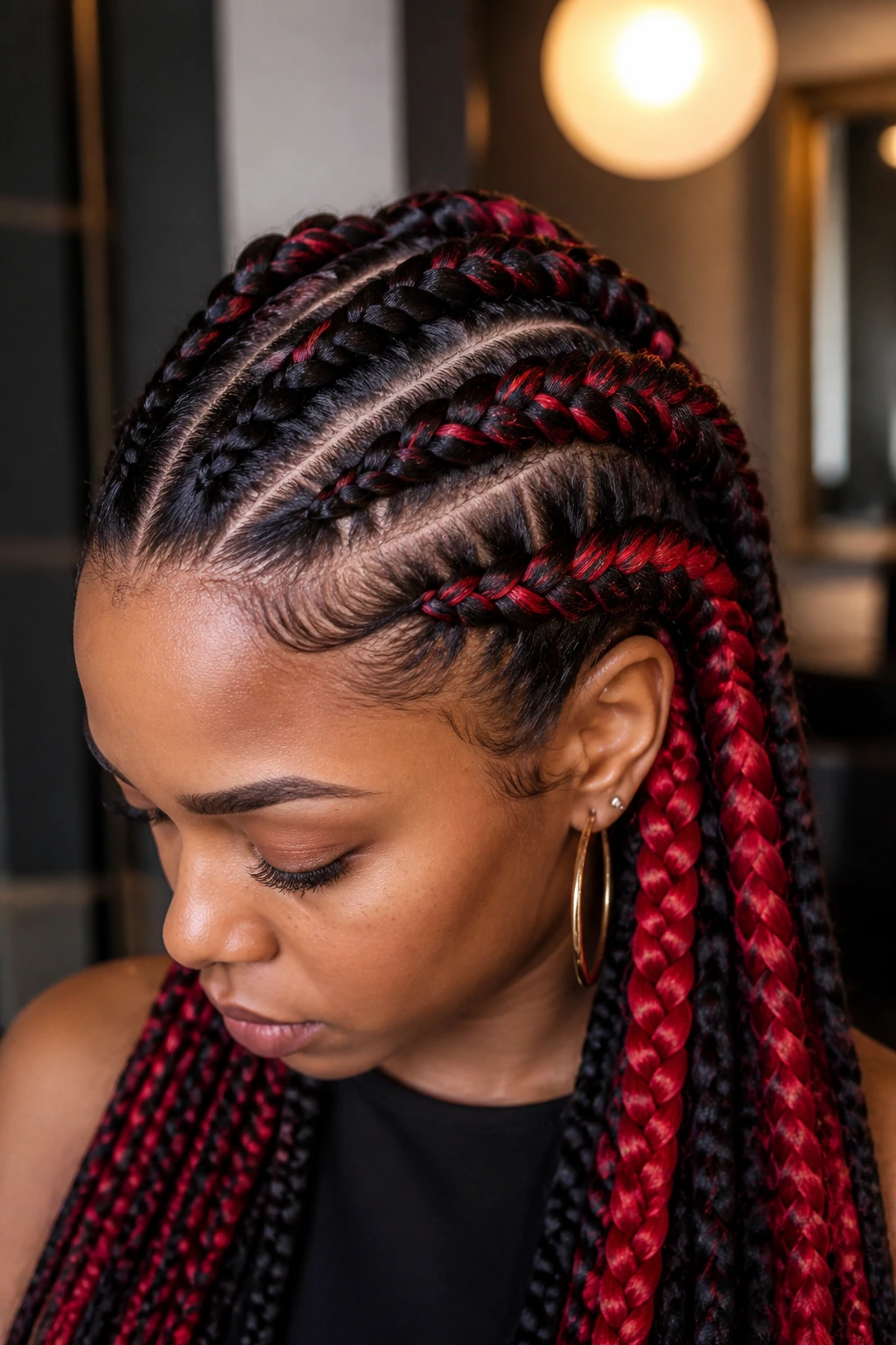 Close-up of black roots with crimson braids showing two-tone contrast