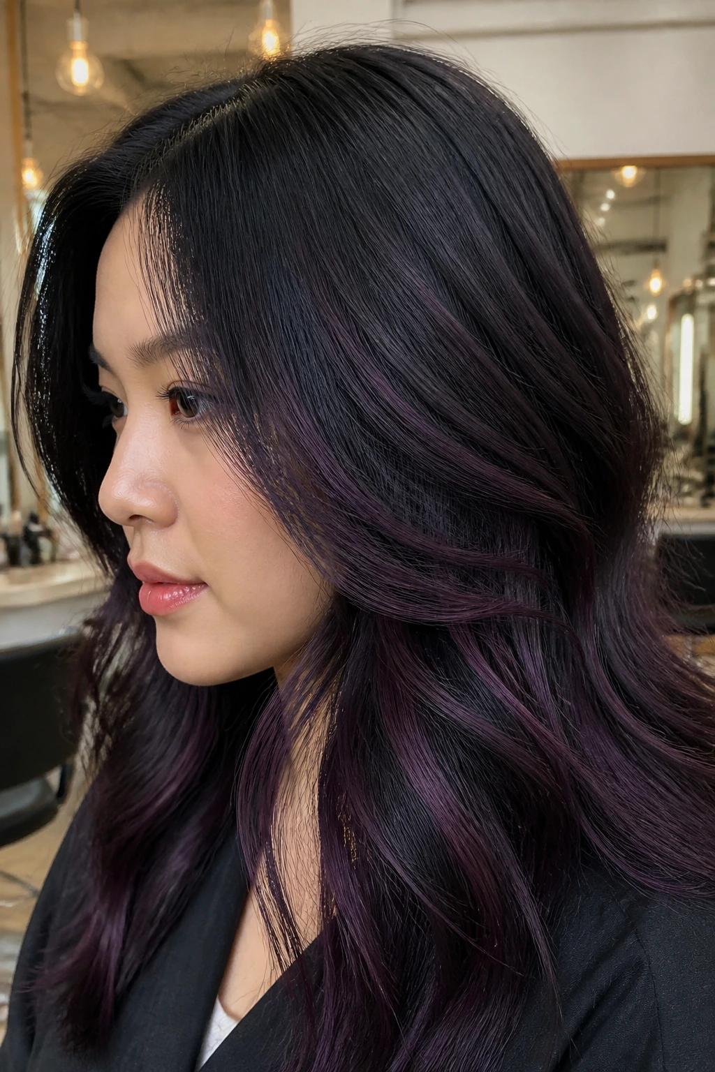 Close-up of hair with blackberry purple lowlights in jet-black base