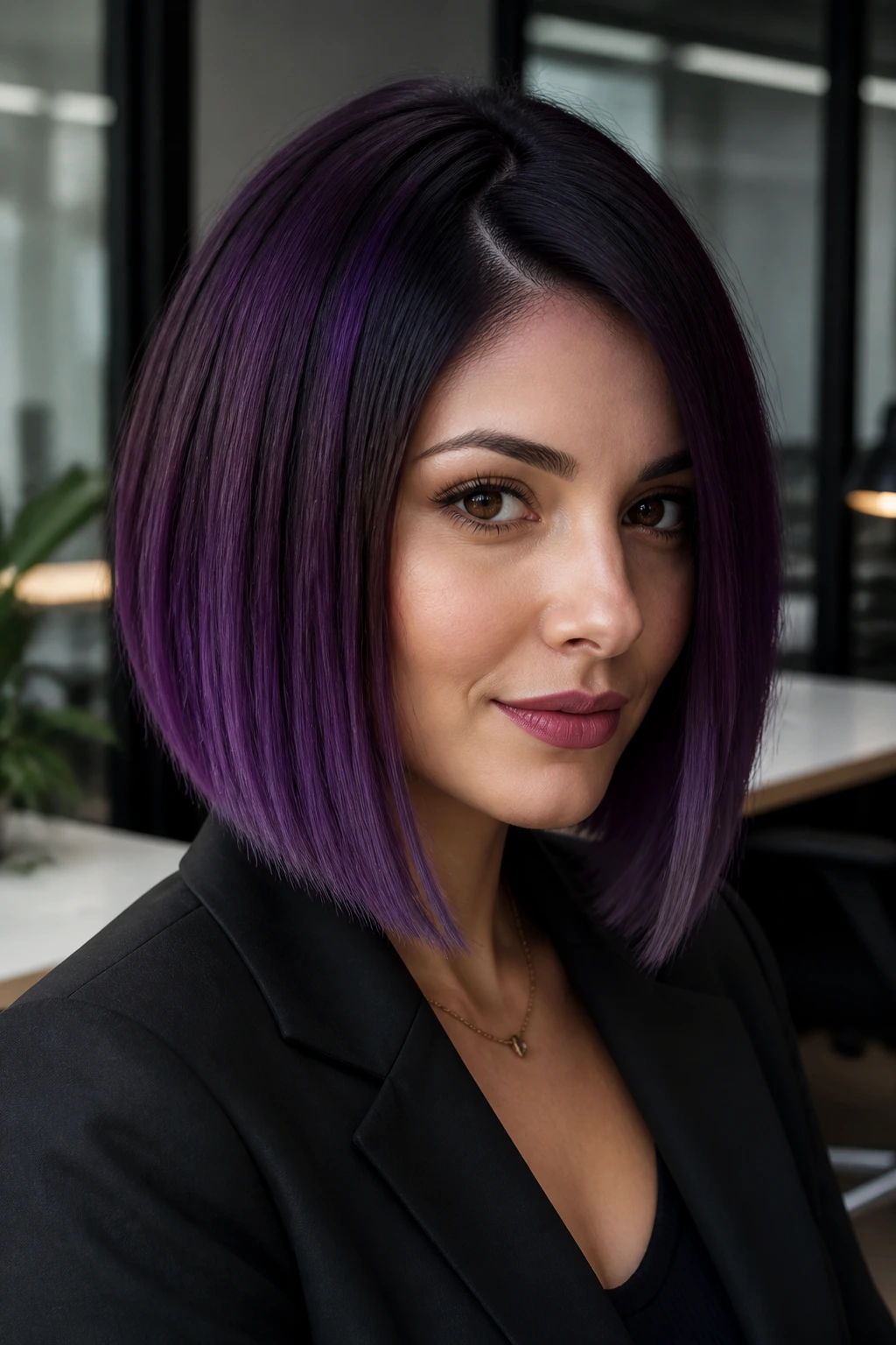 Close-up of dimensional blackberry roots on a real woman's blunt-cut hair in an office