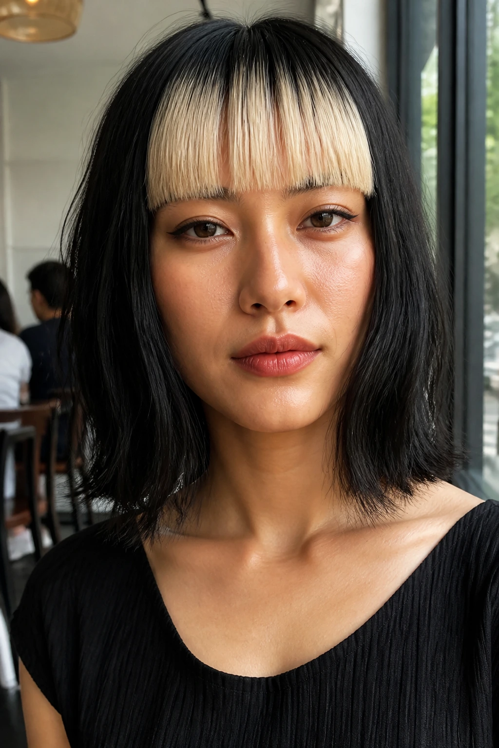 Close-up of a woman with bleached blunt bangs on a soft black lob