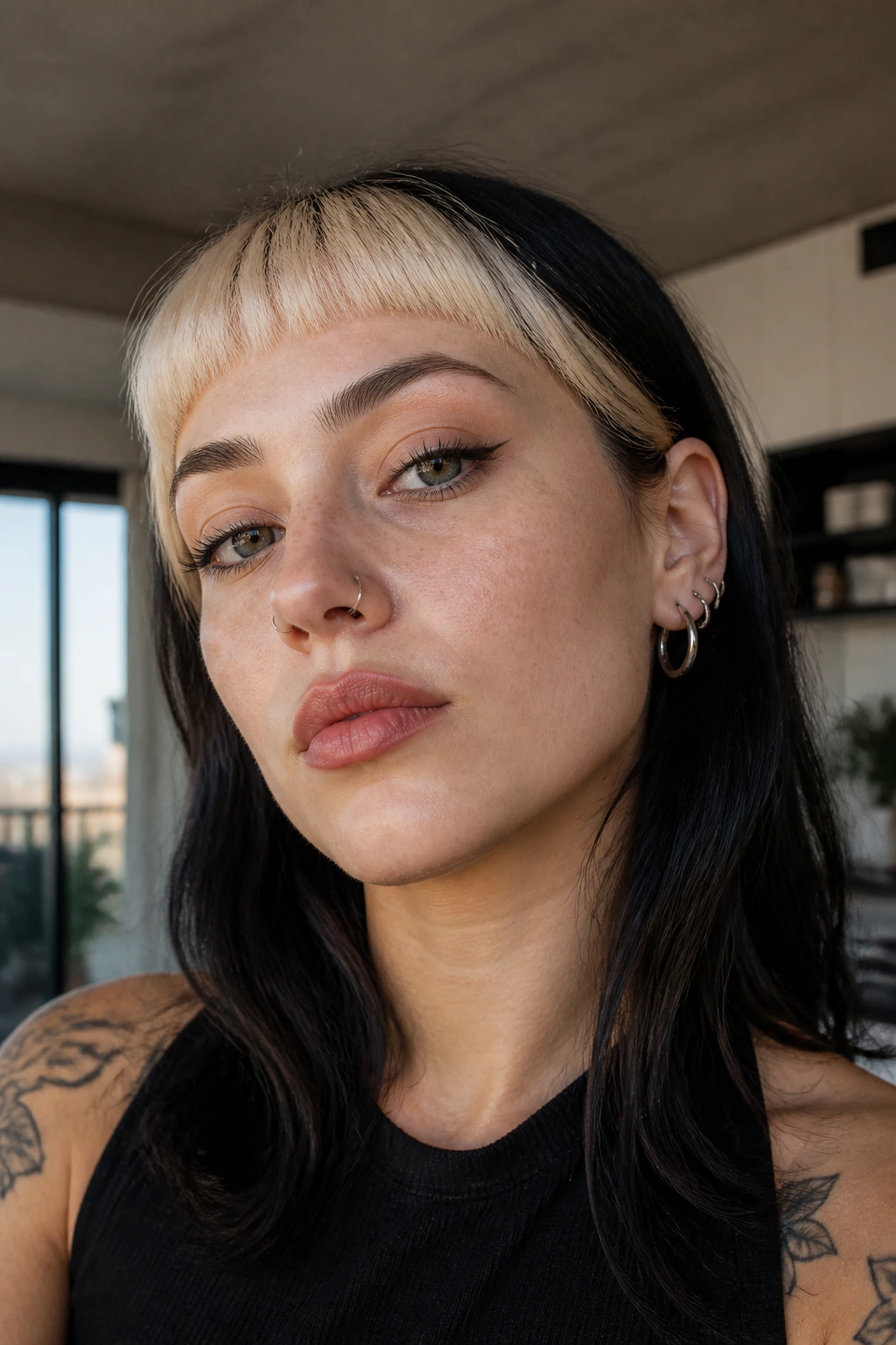Close-up of a woman with platinum cropped bangs in natural window light