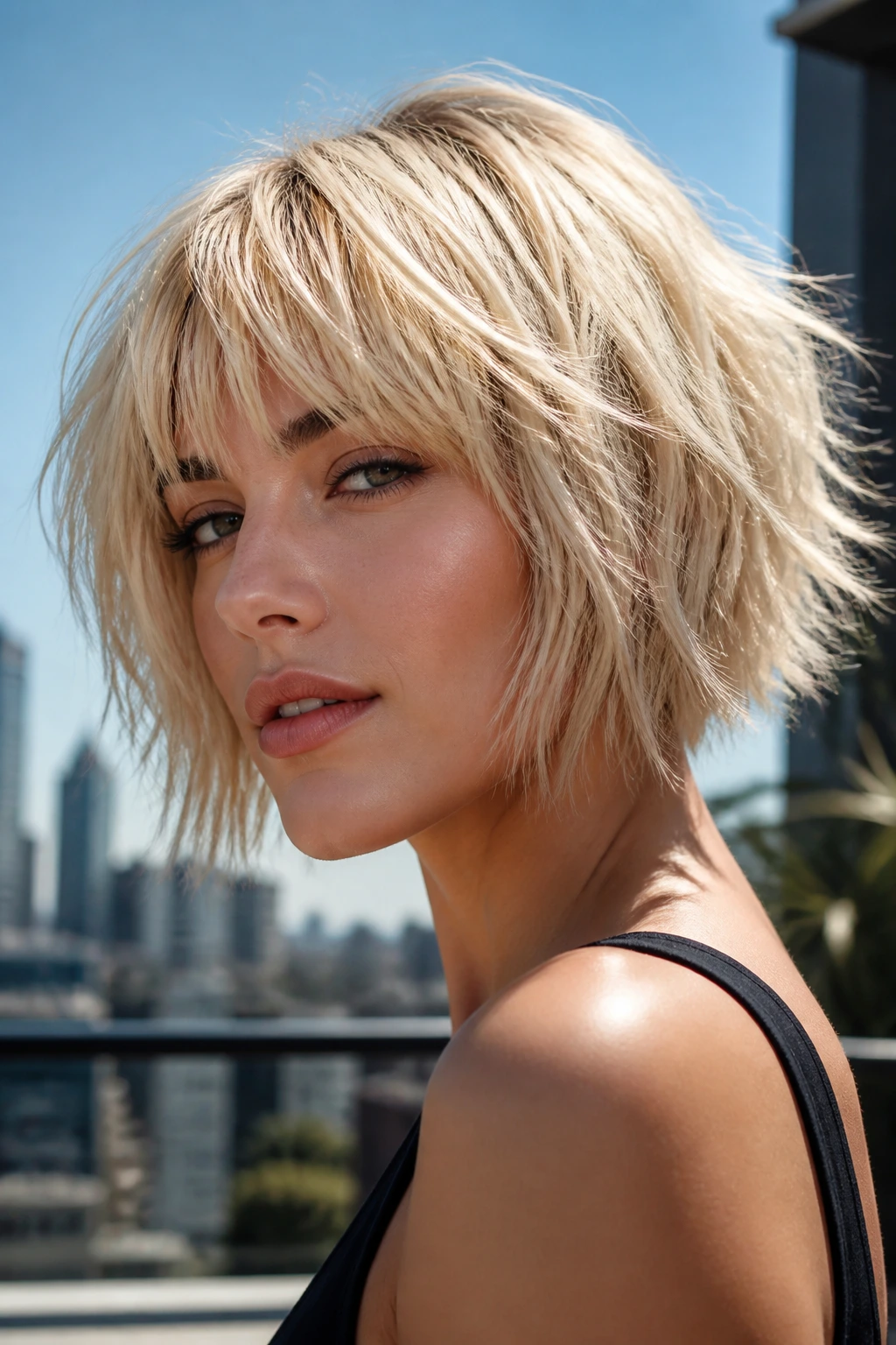 Close-up of a real woman with bleached shattered bob in bright rooftop sunlight