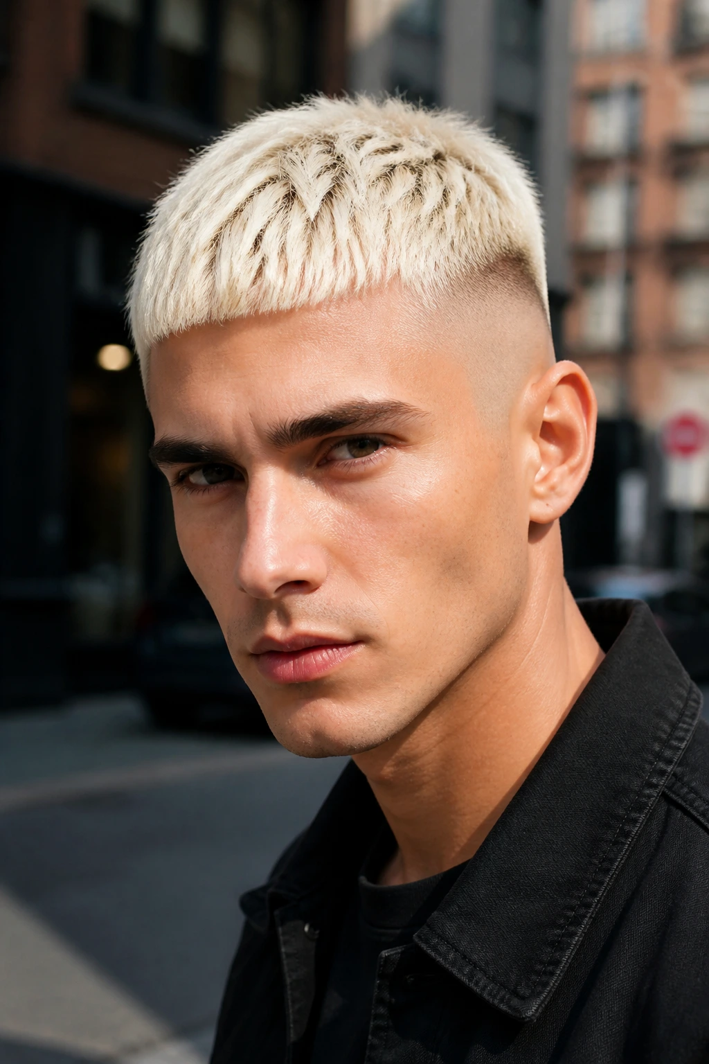 Close-up of a person with a bleached crop and low bald fade outdoors.
