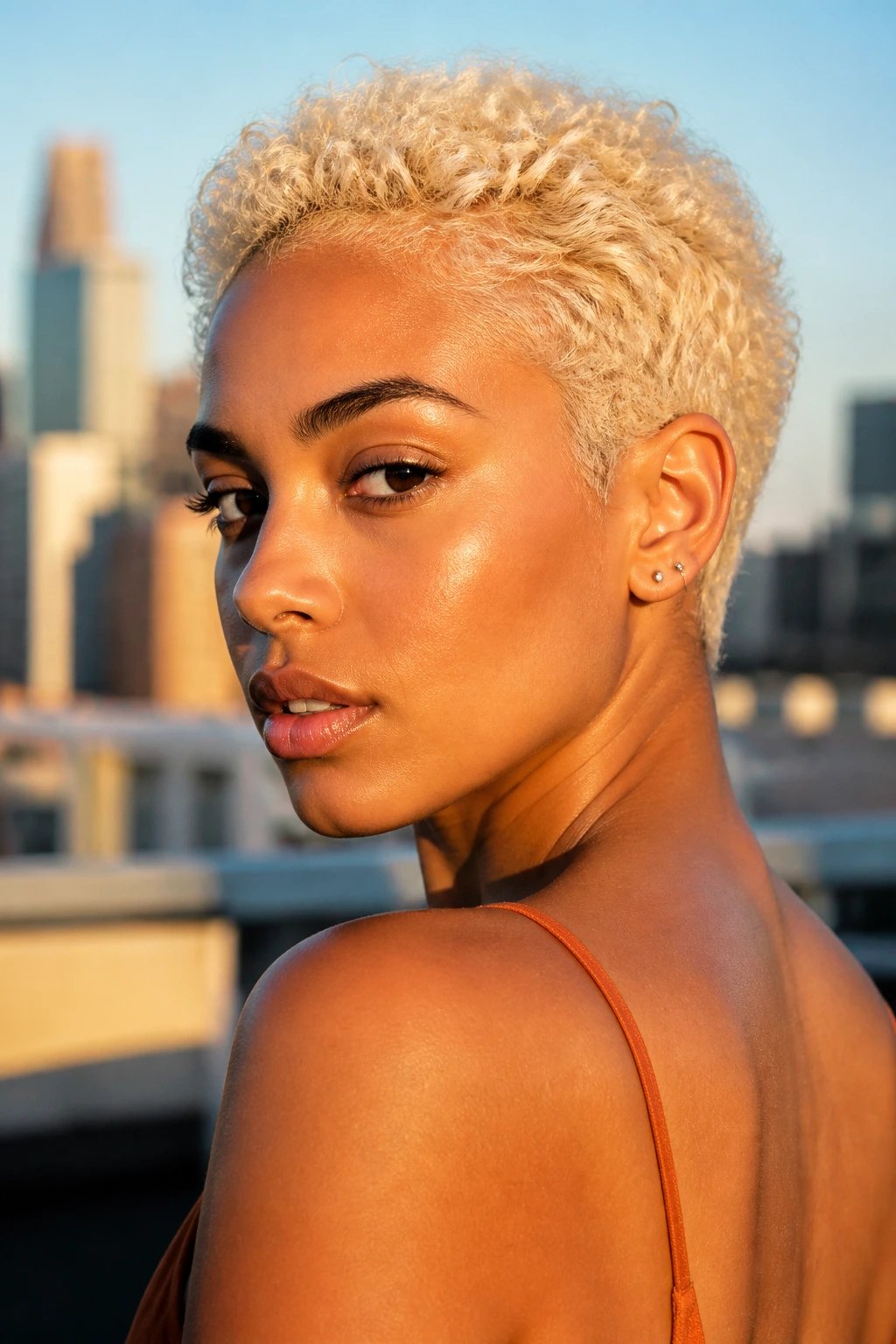 Close-up portrait of a real person with platinum bleached curly cropped cut
