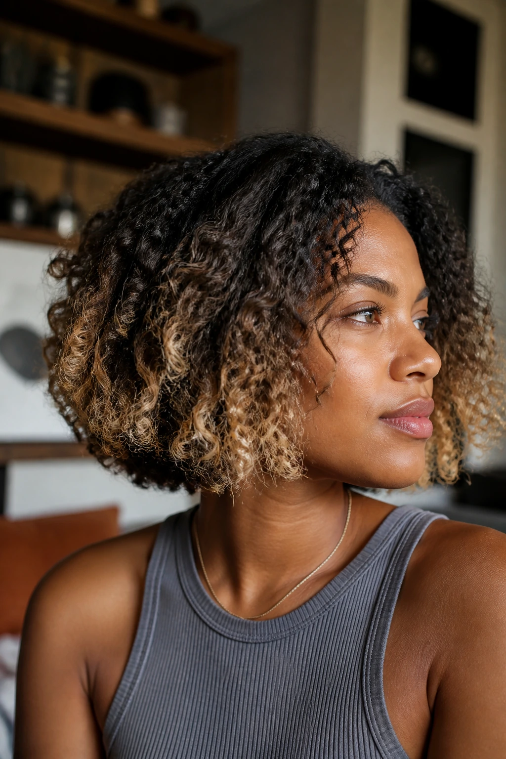 Close-up of a person with bleached ends textured bob in warm living room