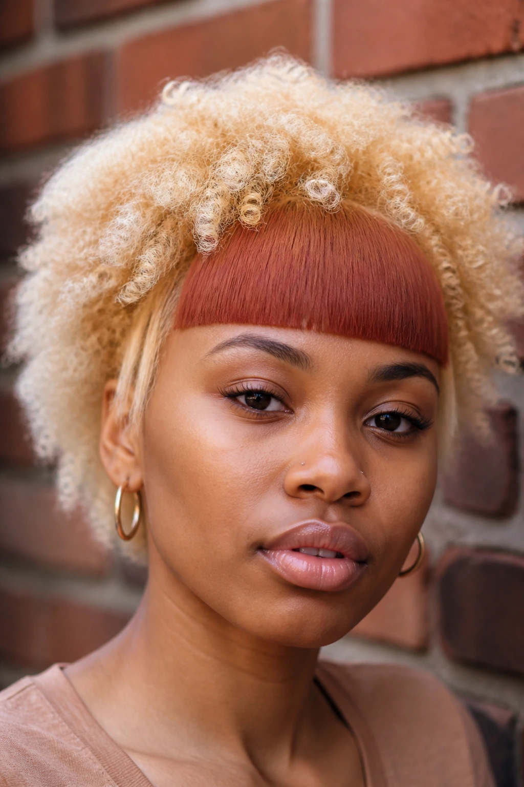 Close-up of a real person with bleached natural hair and auburn blunt-cut fringe against a brick wall.