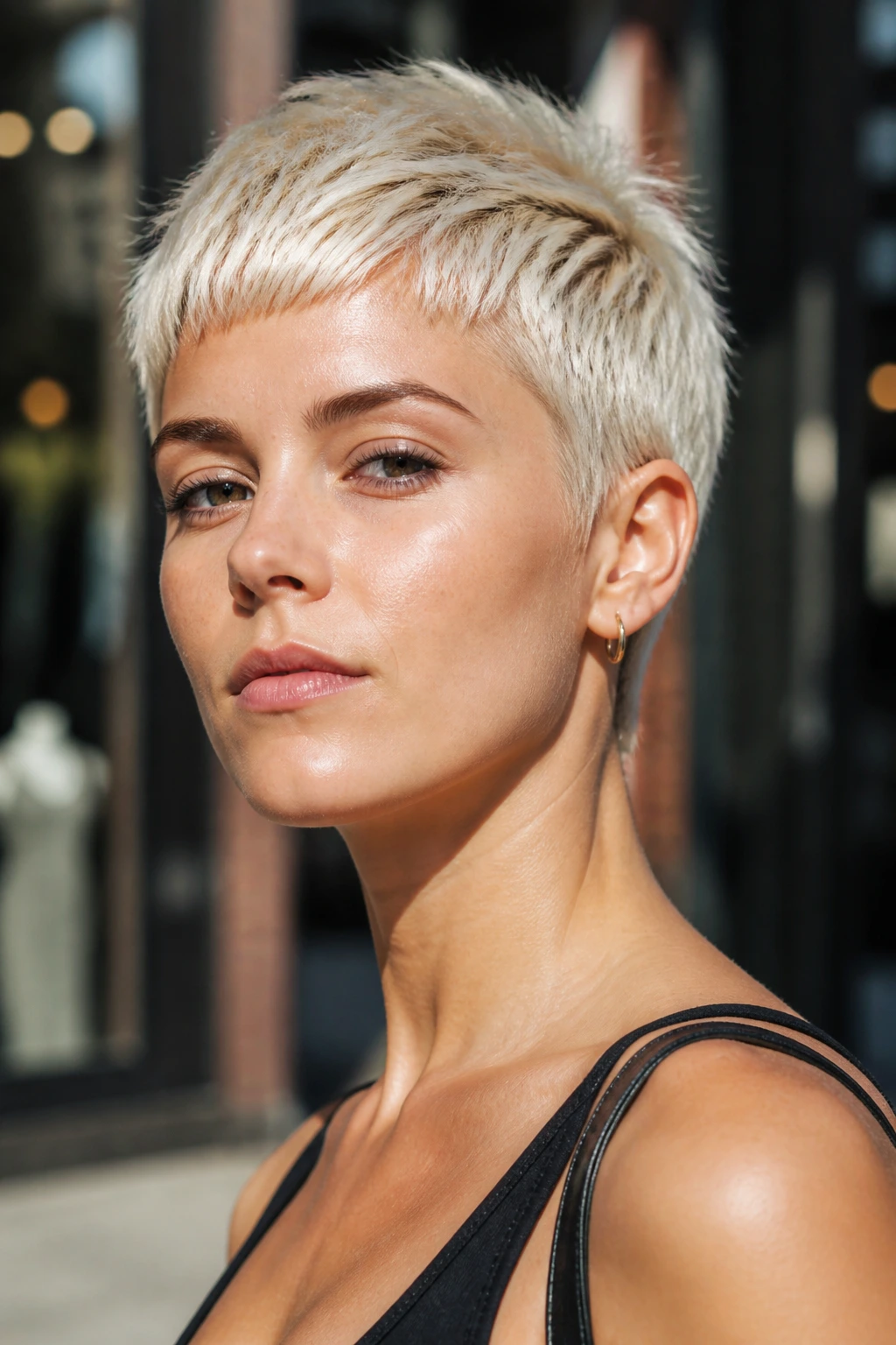 Portrait of a real woman with bleached platinum pixie haircut