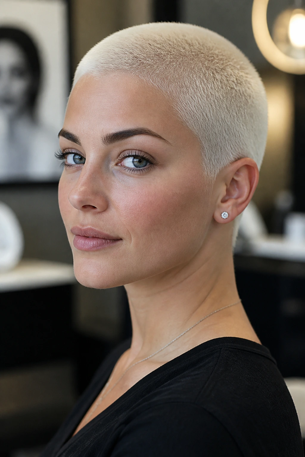 Close-up portrait of a real person with a platinum blonde buzz cut in a modern indoor setting