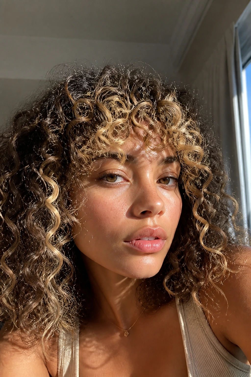 Close-up of a real person showing bleached-tip curls in the bangs.