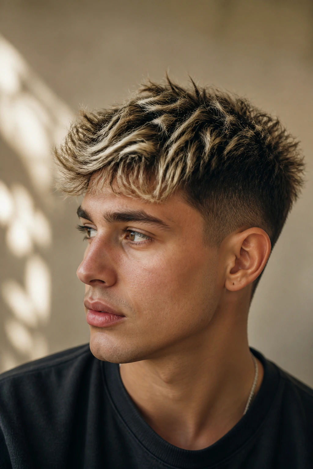 Portrait of a person with bleached-tip textured crop showing lighter ends.