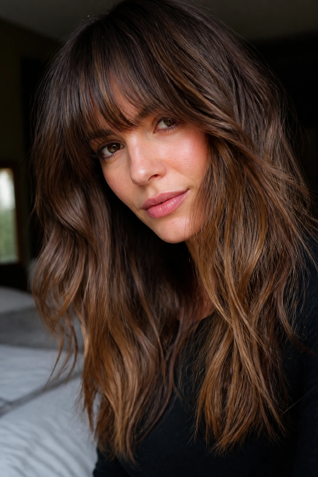 Close-up of a real woman with blended choppy bangs and textured long hair