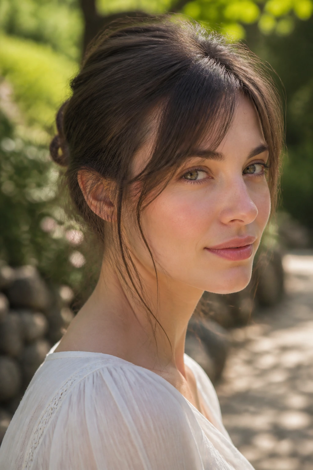 Portrait of a woman with blended face-framing tendrils in sunlight