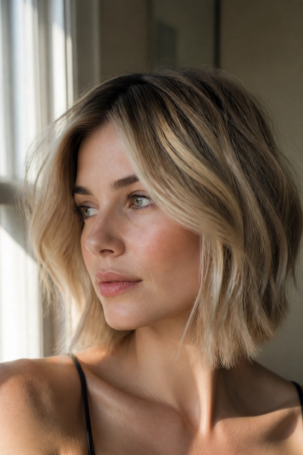 Close-up of hair color showing dimensional blonde tones and light reflection